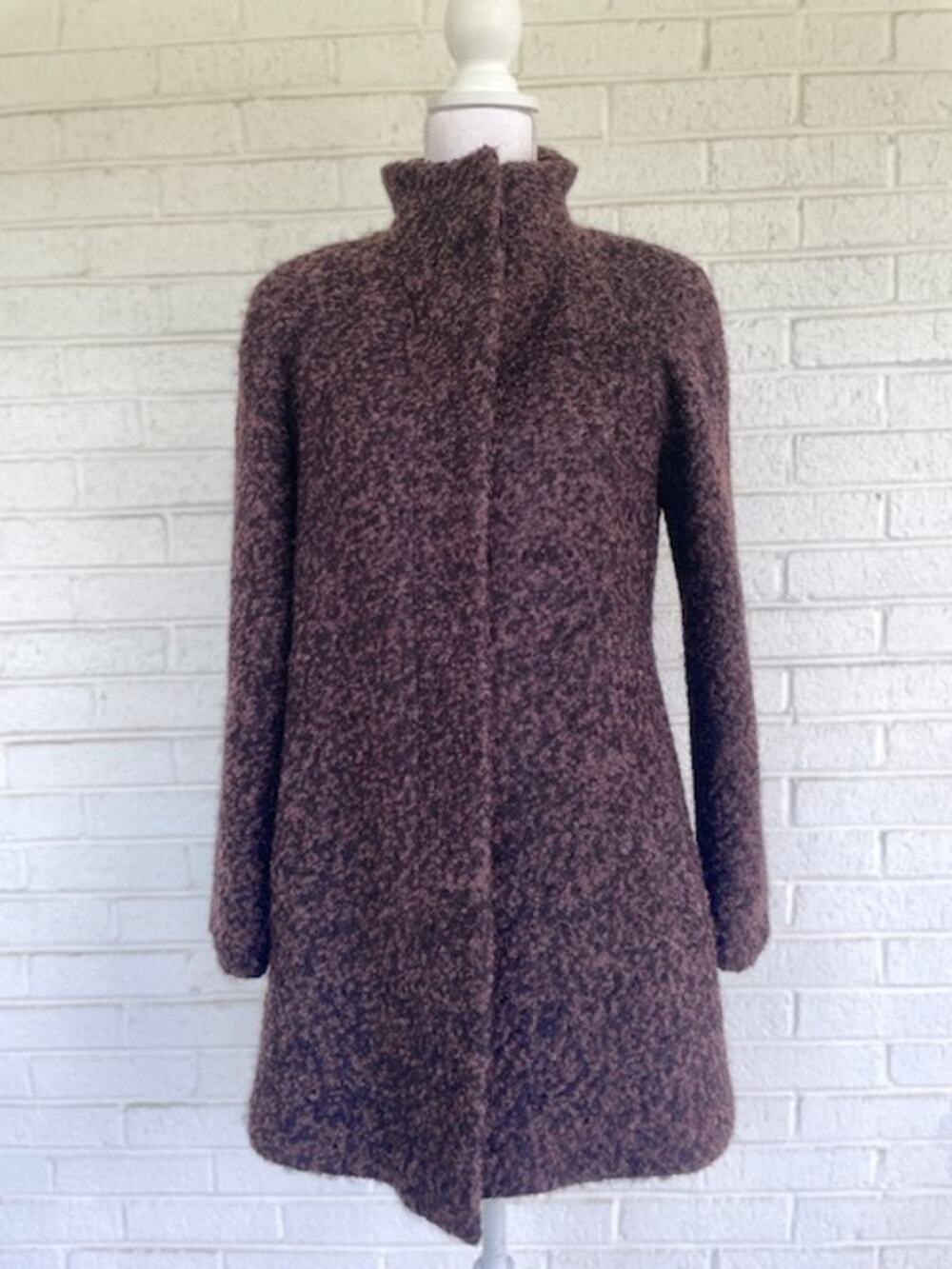 Anne Klein Women's M Brown Boucle Wool Blend Funnel Neck Coat Jacket
